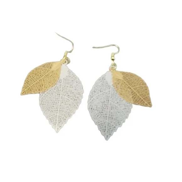 Golden and Silver Skeleton Leaf two layer dangle earrings - Picture 5 of 5